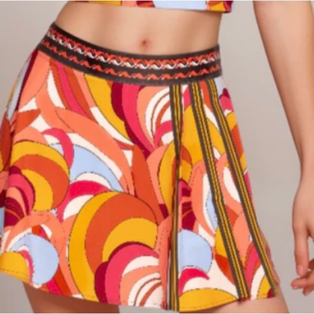 JOHNNY WAS Orange and Red Mini Skater Skirt with Pleated Design for Resort Wear